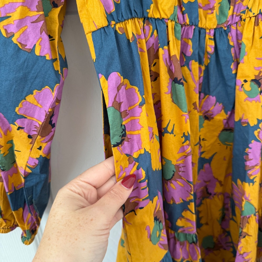 Hudson & Bay Floral Print Mini Dress Long Sleeve Square Neck Casual Boho Funky - Picture 8 of 10